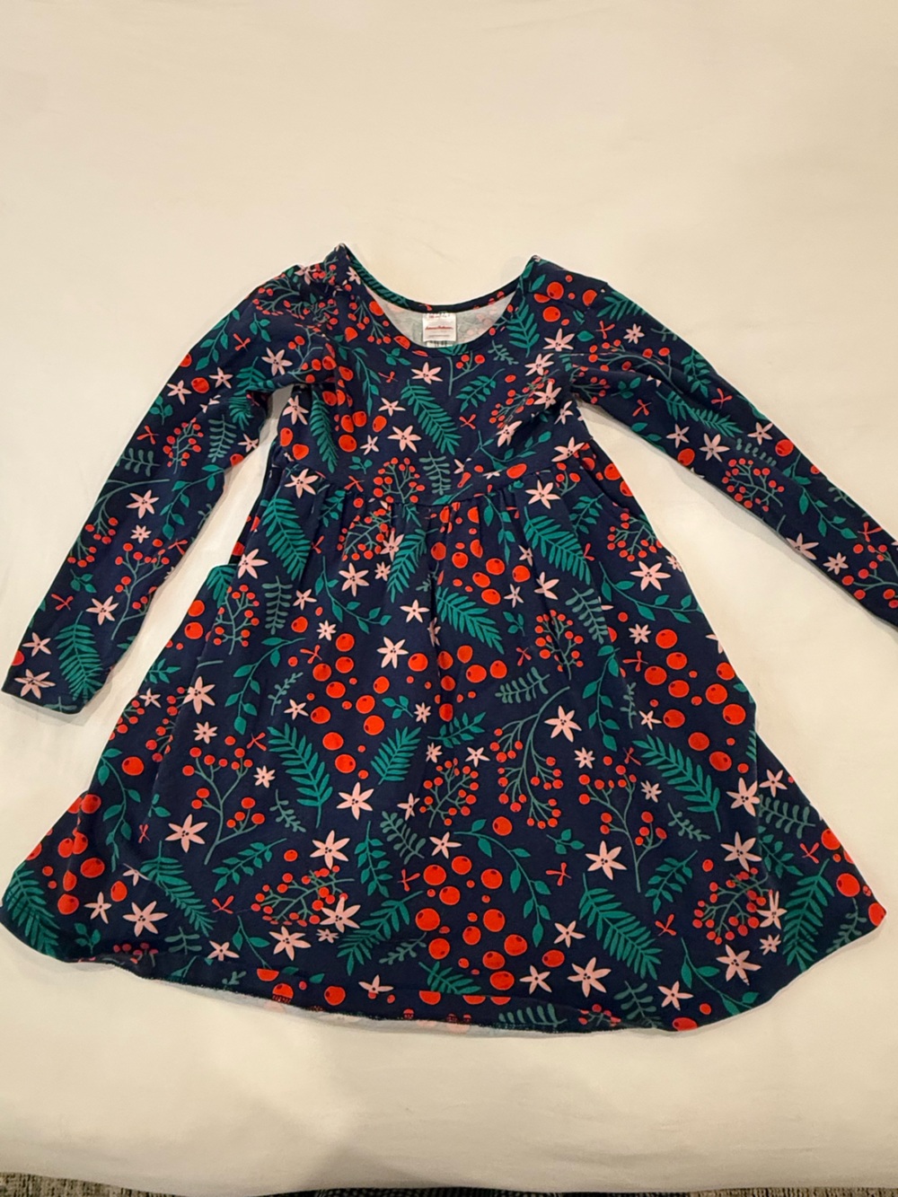 Hanna Andersson Navy Long-Sleeve Dress Top with Pink Flowers & Green Leaves